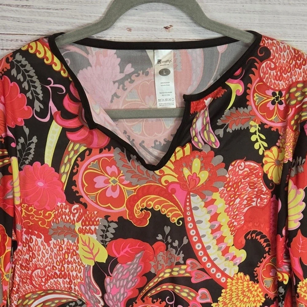Boho Flower Power Hippy Top L 70s Psychedelic Silky Super Flare Sleeves Festival